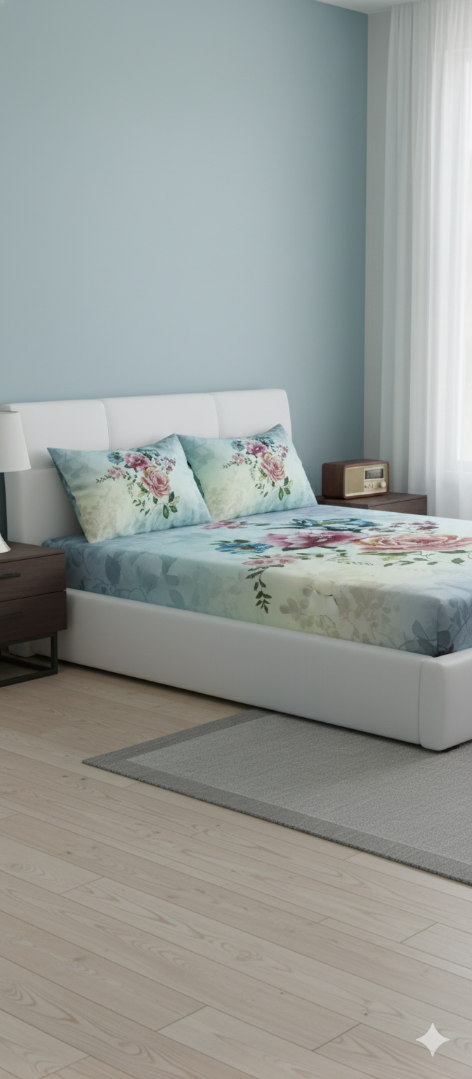 7D Queen Size Floral Printed Bedsheet Set (Non-Elastic) 01